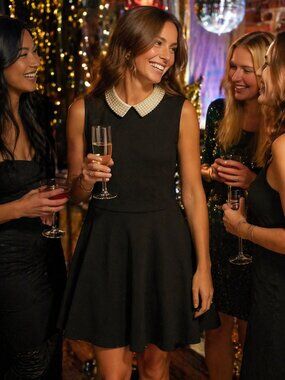 Betsey Johnson Black Fit & Flare Dress Pearl Collar Sleeveless Cocktail Party